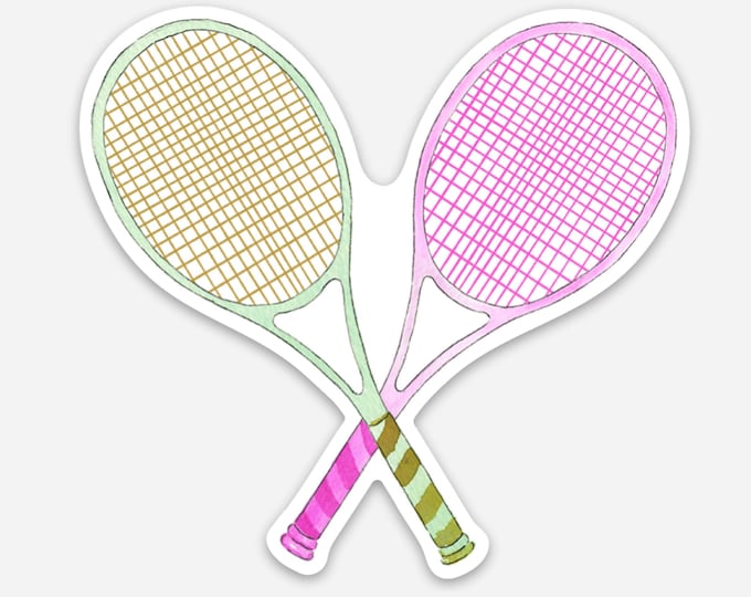 Tennis Racket Sticker, Watercolor Pink and Green Tennis Sticker, 2x3 Die Cut Sticker