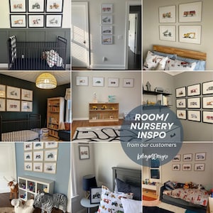 May include: A collage of nursery room decor ideas featuring framed construction vehicle art prints. The images showcase various room settings with cribs, beds, and toy storage, creating a cohesive theme. The text "ROOM/ NURSERY INSPO" is visible.
