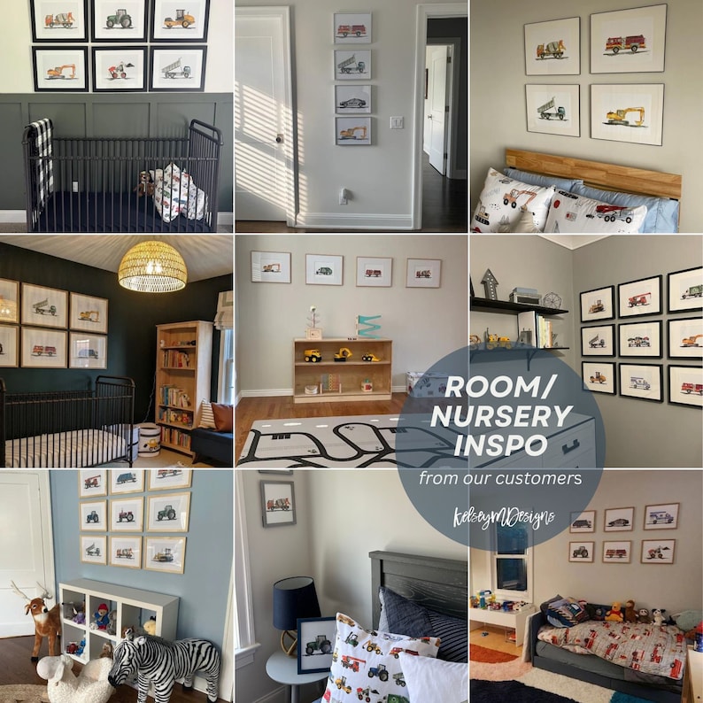 May include: A collage of nursery room decor ideas featuring framed construction vehicle art prints. The images showcase various room settings with cribs, beds, and toy storage, creating a cohesive theme. The text "ROOM/ NURSERY INSPO" is visible.