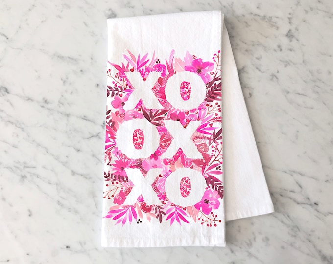 Valentines XOXO Tea Towel, Holiday Kitchen Decor, Pink Flower Dish Towel, Valentine Towel, Valentines Gift, Sweetheart Towel
