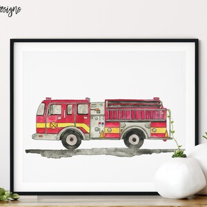 May include: A watercolor painting of a red fire truck with yellow accents. The truck is on a white background.