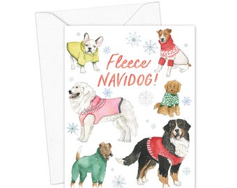 Fleece Navidog Holiday Card, Dogs in Sweaters Christmas Card, Cute Dog Lover Holiday Greeting Card, Cozy Winter Dog Card