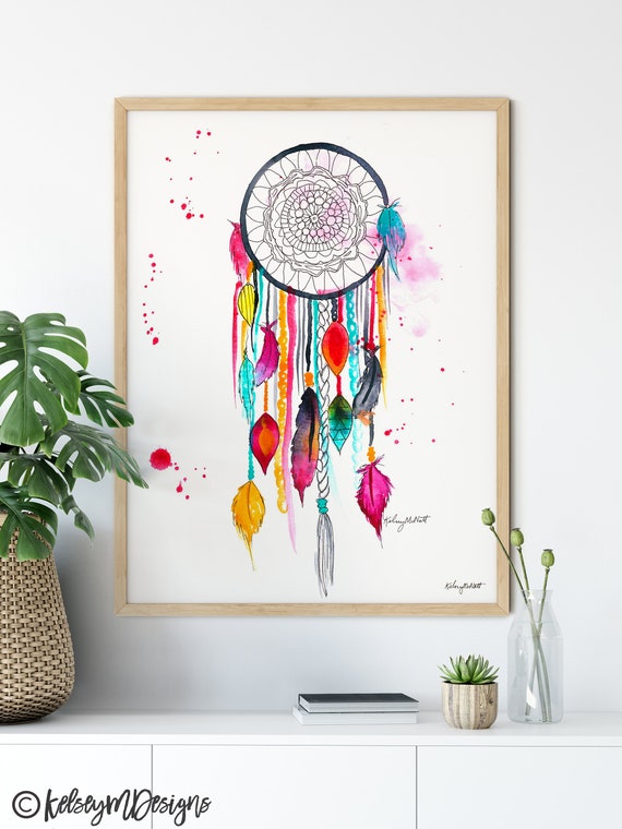 Pink Boho Dream Catcher Wall Art, Dreamcatcher Watercolor Pink Boho Dream Catcher Wall Art, Dreamcatcher Watercolor
