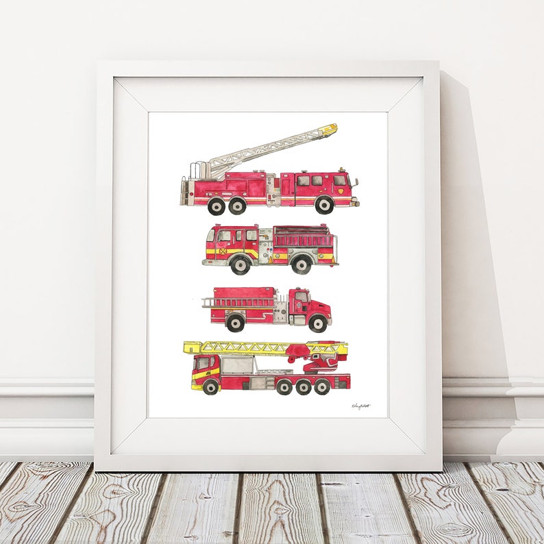 May include: A watercolour illustration of four red fire engines with ladders. The engines are arranged vertically, with the largest engine at the top and the smallest engine at the bottom. The engines are all facing to the right.