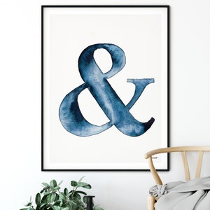 Navy Blue Ampersand Wall Art, Ampersand Print, Blue Watercolor Art, Ampersand Sign, Minimalist Print, Typography Print, Watercolor Painting