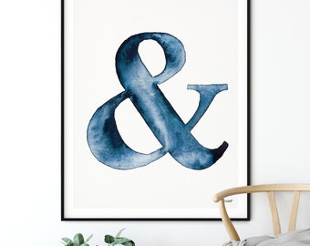 Navy Blue Ampersand Wall Art, Ampersand Print, Blue Watercolor Art, Ampersand Sign, Minimalist Print, Typography Print, Watercolor Painting