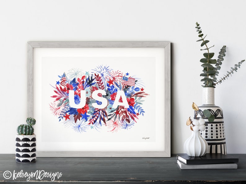 Patriotic Print Fireworks DIGITAL DOWNLOAD Fourth of July Decor Red White Blue 4th of July Print USA Printable Stars and Stripes Art