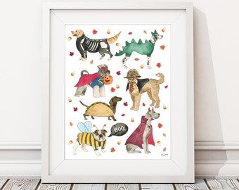 Halloween Dogs Wall Art, Dog Costume, Fall Home Decor, Fall Art Print, Halloween Art Print, Halloween Home Decor, Happy Howloween