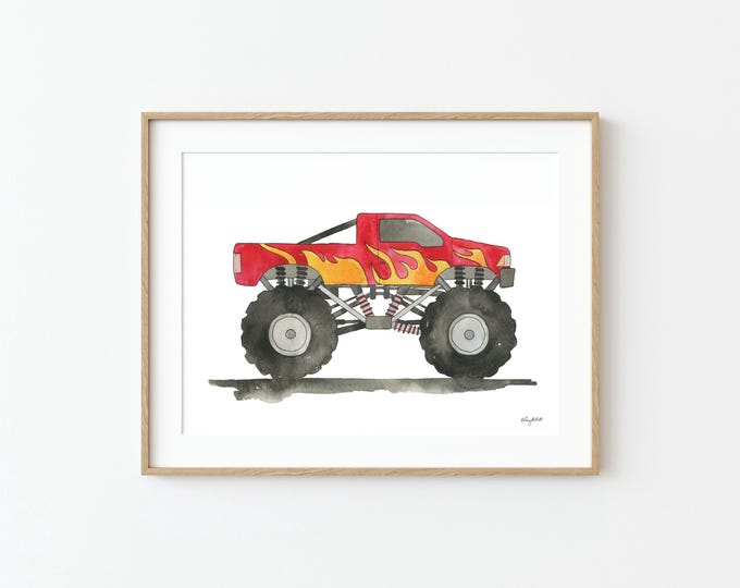 Monster Truck Wall Art, Kids Room Truck Art Print, Transportation Art, Boys Nursery Decor, Red Monster Truck, Construction Vehicle Art