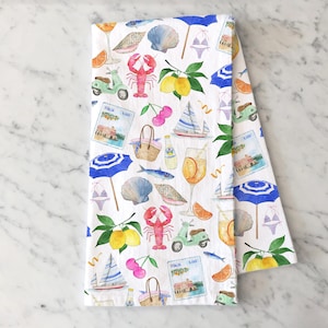 Theedoek Amalfikust, Italiaanse zomerkeukendecor, theedoek citrus, zomerdecor, katoenen handdoek meelzak, decor kuststrand