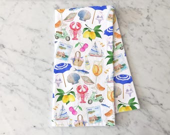 Amalfi Coast Tea Towel, Italian Summer Kitchen Decor, Citrus Dish Towel, Summer Decor, Flour Sack Cotton Hand Towel, Coastal Beach Decor