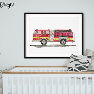 Firetruck Print Watercolor Painting, Fire Engine Print, Transportation Decor, Boy Room Decor, Kids Bedroom Art, Emergency Vehicle Art Print