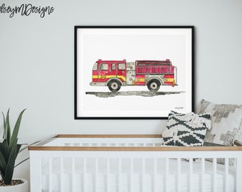 Firetruck Print Watercolor Painting, Fire Engine Print, Transportation Decor, Boy Room Decor, Kids Bedroom Art, Emergency Vehicle Art Print