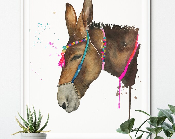 Boho Donkey, Greek Donkey Print, Watercolor Painting, Santorini Oia Animal Wall Art, Animal Watercolor, Greece Art Print, Bohemian Donkey