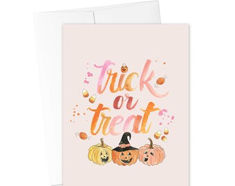 Halloween Card, Trick or Treat Halloween Greeting Card, Fall Greeting Card, Fall Pumpkins, Watercolor Pink Halloween Card