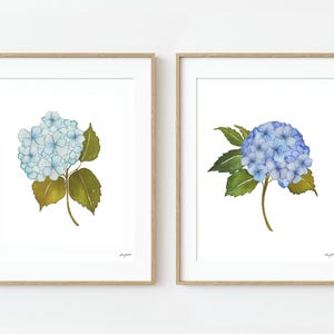 Blue Hydrangea Floral Wall Art, Watercolor Painting Set of 2 Flowers, Hydrangea Farmhouse Decor, Watercolor Floral Painting