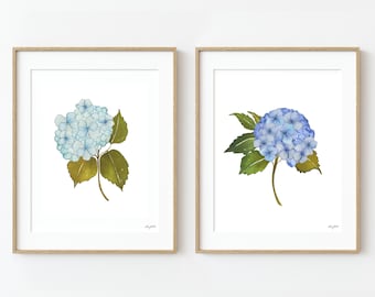Blue Hydrangea Floral Wall Art, Watercolor Painting Set of 2 Flowers, Hydrangea Farmhouse Decor, Watercolor Floral Painting