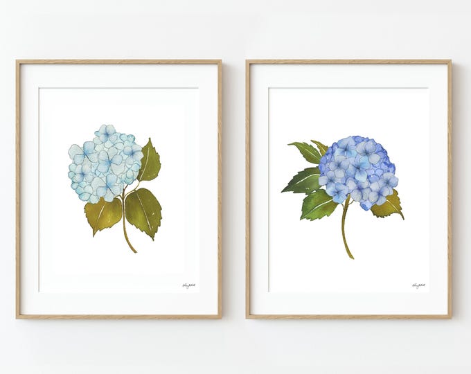 Blue Hydrangea Floral Wall Art, Watercolor Painting Set of 2 Flowers, Hydrangea Farmhouse Decor, Watercolor Floral Painting