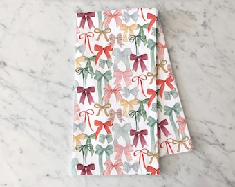 Christmas Bows Tea Towel, Holiday Kitchen Towel with Festive Red & Green Ribbon Design, Seasonal Dish Towel, Hostess Gift