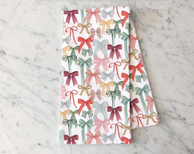 Christmas Bows Tea Towel, Holiday Kitchen Towel with Festive Red & Green Ribbon Design, Seasonal Dish Towel, Hostess Gift