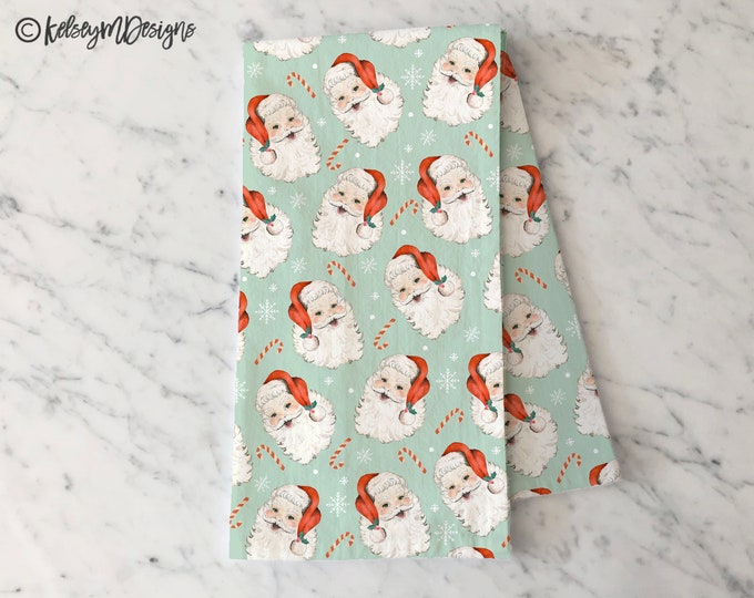 Christmas Santa Tea Towel, Holiday Kitchen Decor, Christmas Dish Towel, Candy Cane Towel, Farmhouse Decor, Santa Hat Christmas Towel