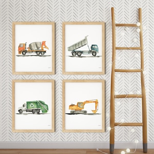 VERTICAL Set of 4 Construction Vehicle Art, Kids Gallery Wall Set, Truck Wall Art, Truck Art Nursery, Watercolor Painting, Dump Truck Decor