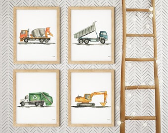 VERTICAL Set of 4 Construction Vehicle Art Prints, Kids Gallery Wall Set, Truck Wall Art, Nursery Truck Art, Dump Truck Decor, Excavator Art