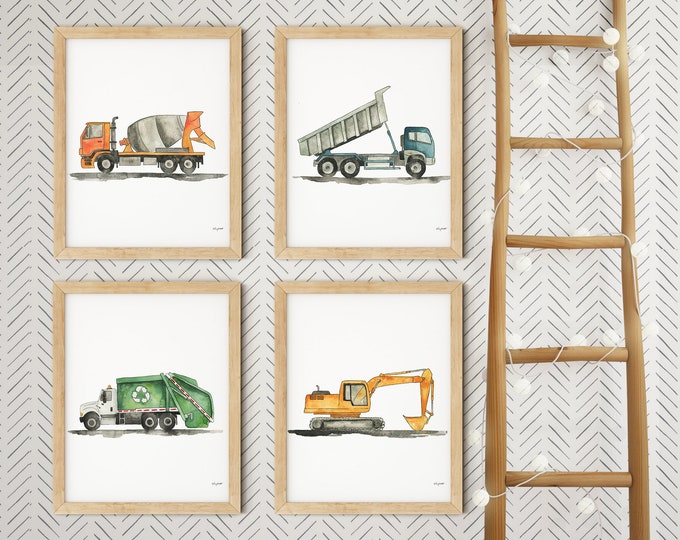 VERTICAL Set of 4 Construction Vehicle Art, Kids Gallery Wall Set, Truck Wall Art, Truck Art Nursery, Watercolor Painting, Dump Truck Decor