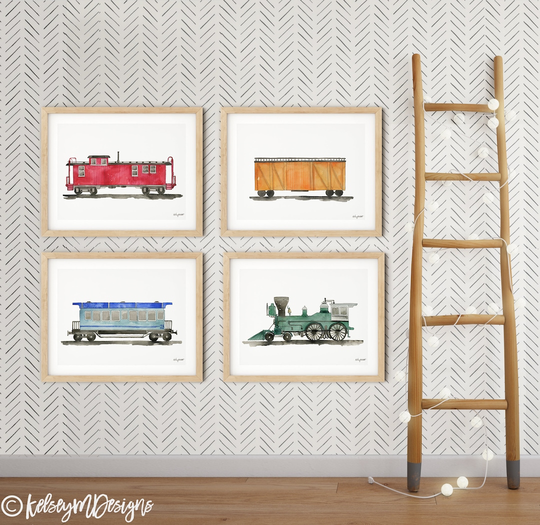 Set of 4 Train Art Prints, Steam Locomotive Wall Art, Railroad Car ...
