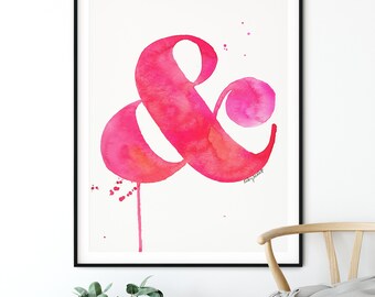 Pink Ampersand Watercolor Painting, Ampersand Print Typography Print, Ampersand Sign, Typography Wall Art, Ampersand wall decor, Type Poster