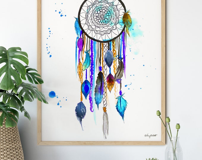 Dreamcatcher Art Print,  Watercolor Painting, Native America Decor, Boho Feather Dreamcatcher Art, Nursery Wall Art, Kids Room Decor