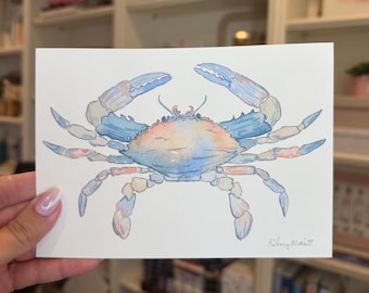 Original Pastel Crab Watercolor, Blue & Peach Coastal Art, Crab Painting, Coastal Wall Decor, 5x7 Original Artwork