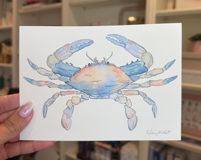 Original Pastel Crab Watercolor, Blue & Peach Coastal Art, Crab Painting, Coastal Wall Decor, 5x7 Original Artwork