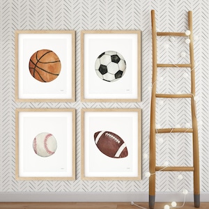 Set of 4 Sports Ball Prints, Watercolor Painting, Sports Wall Art, Big Kid Sports Decor, Sports Nursery, Baseball Soccer Basketball Football