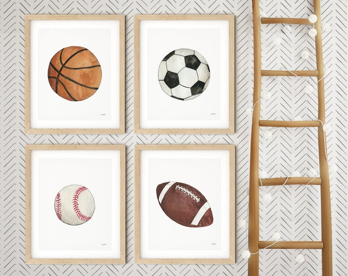 Set of 4 Sports Ball Prints, Watercolor Painting, Sports Wall Art, Big Kid Sports Decor, Sports Nursery, Baseball Soccer Basketball Football