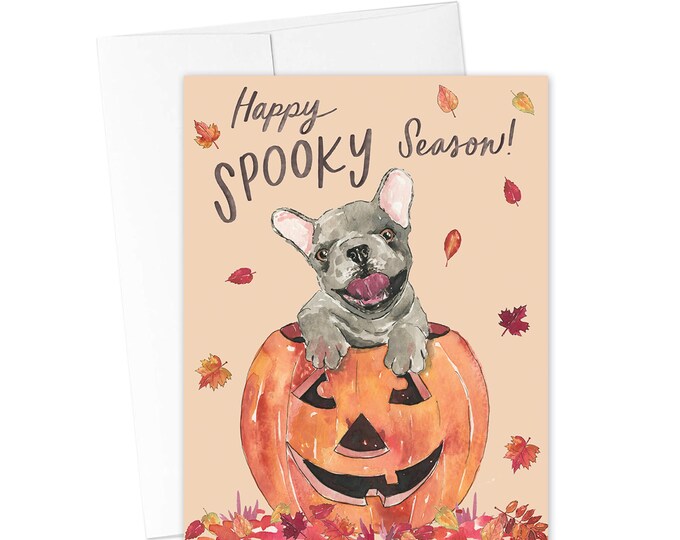 HALLOWEEN CARDS, Happy Spooky Season Greeting Card, Fall Greeting Card, Cute Dog Greeting Card, Halloween Dog Pumpkin Card