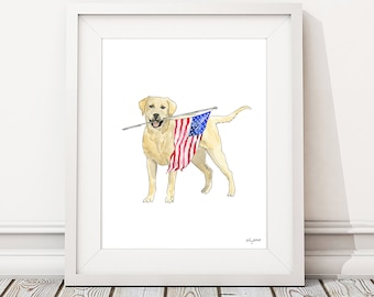 Yellow Lab Dog 4th of July Wall Art, Fourth of July Decor, Red White Blue, American Wall Art, USA Flag, Watercolor Painting Labrador