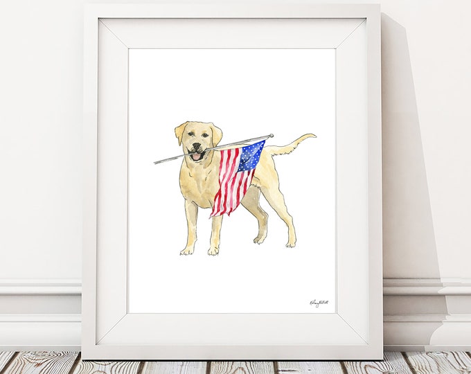 Yellow Lab Dog 4th of July Wall Art, Fourth of July Decor, Red White Blue, American Wall Art, USA Flag, Watercolor Painting Labrador