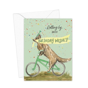 Cartão de aniversário para cachorro, Cartão de desejos de aniversário, Amante de cachorros, Cartão de feliz aniversário, Cachorro na bicicleta, Aniversário fofo