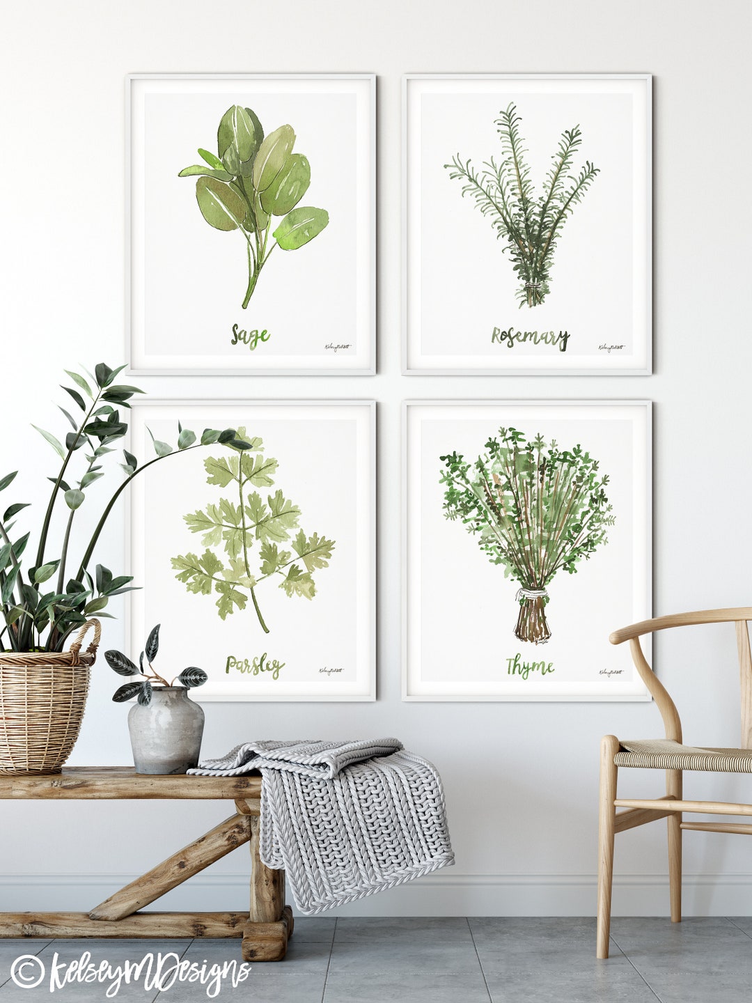 Herbs Set of 4 Watercolor Painting, Kitchen Prints, Sage Thyme Rosemary ...