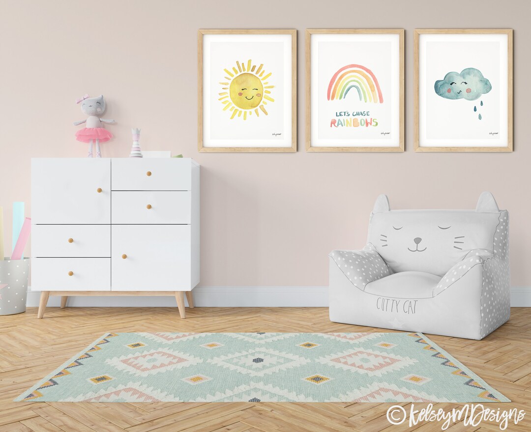 Set of 3 Sun Rainbow Cloud Prints, Rainbow Print, Girls Rainbow Wall ...