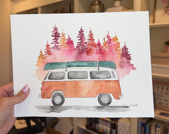Original Vintage Van Watercolor, Vintage Bus with Canoe, Fall Foliage Art, Autumn Road Trip Painting, 9x12