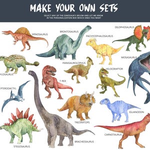 May include: Watercolor illustrations of various dinosaurs, including a Spinosaurus, Brontosaurus, T-Rex, and Triceratops. The text "MAKE YOUR OWN SETS" is at the top, with instructions to select dinosaurs for personalization.