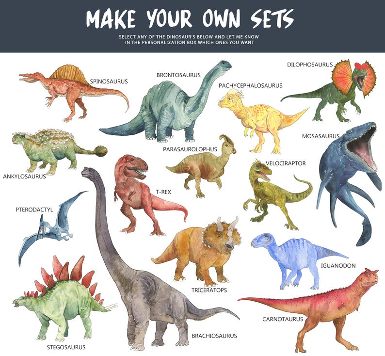May include: Watercolor illustrations of various dinosaurs, including a Spinosaurus, Brontosaurus, T-Rex, and Triceratops. The text "MAKE YOUR OWN SETS" is at the top, with instructions to select dinosaurs for personalization.