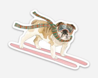 English Bulldog Sticker, Watercolor Skiing Dog Vinyl Sticker, Dog Lover Gift, 3x3 Die Cut Sticker, Sticker for Labtop and Water bottle
