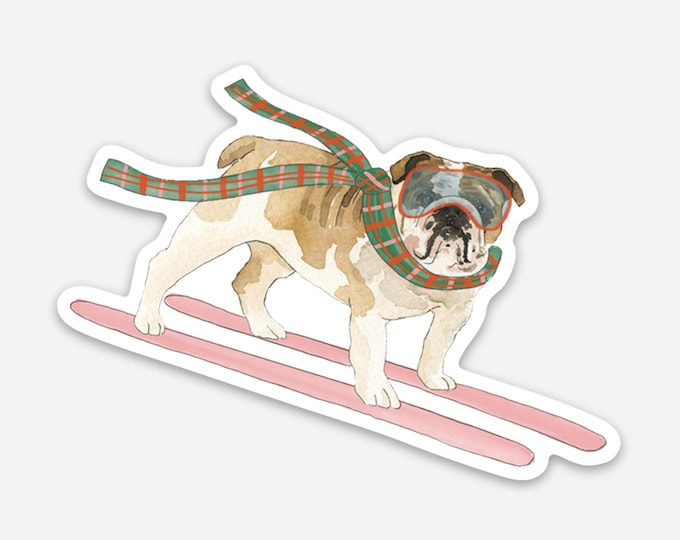 English Bulldog Sticker, Watercolor Skiing Dog Vinyl Sticker, Dog Lover Gift, 3x3 Die Cut Sticker, Sticker for Labtop and Water bottle