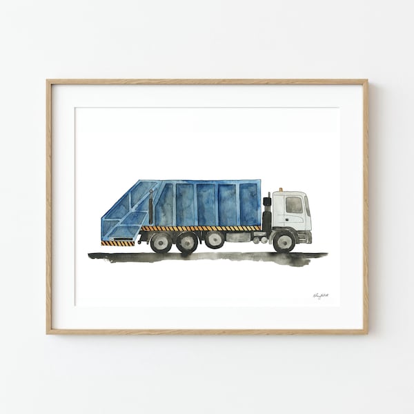 Väggkonst med sopbil, konsttryck med transportfordon, konsttryck med sopbil, barnrumsinredning med bygglastbilar, dekor för småbarnsrum