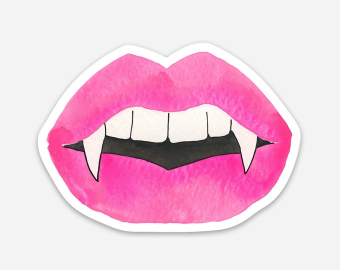 Pink Vampire Lips Sticker, Cute Spooky Vinyl Decal for Halloween or Year-Round, 3x3 sticker for Laptops and Water bottles