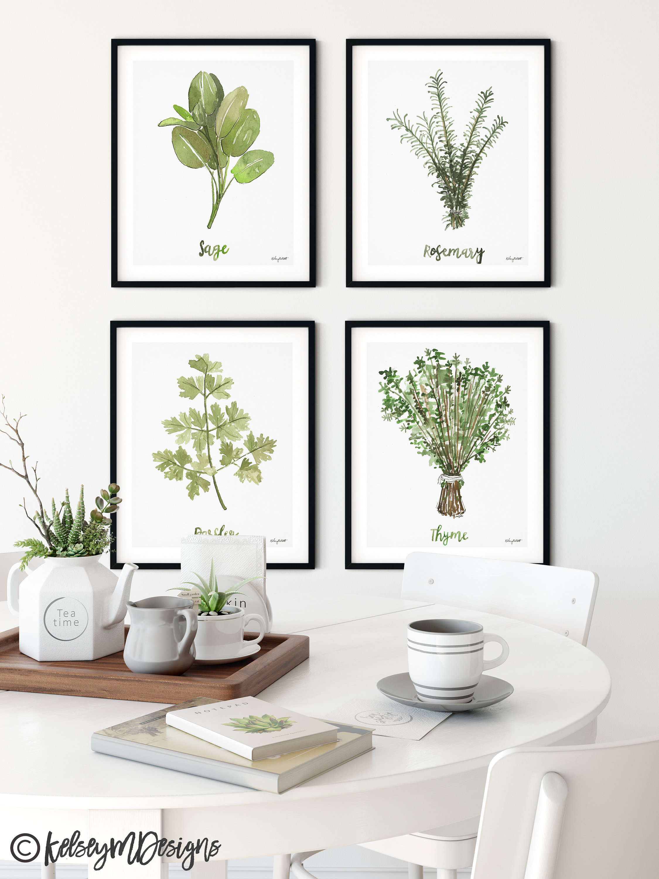 Herbs Set of 4 Watercolor Painting, Kitchen Prints, Sage Thyme