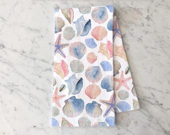 Seashell Tea Towel, Summer Kitchen Decor, Coastal Towel, Summer Decor, Flour Sack Cotton Hand Towel, Beach House Decor, Blue and Pink Shells